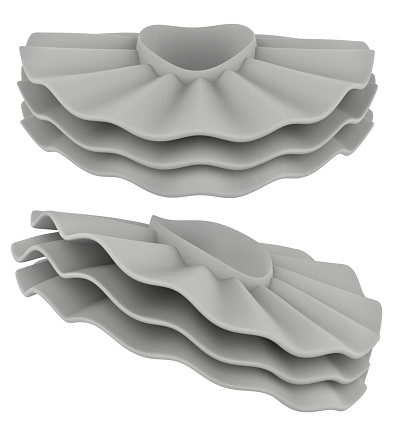 Isolated 3d render illustration of white colored layered jabot in various angles on white background.