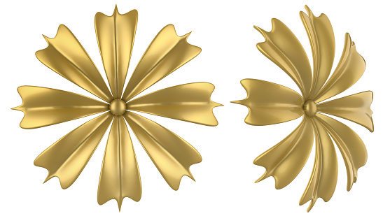 Isolated 3d render illustration of golden heraldic metal chamomile flower in various angles on white background.