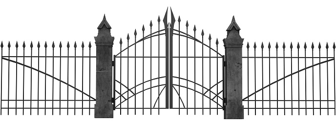 Isolated 3d render illustration of old-fashioned gothic fence and gates on white background.