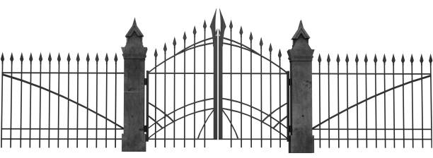 3d render illustration of isolated gothic gates and fence. - lock door horror gate imagens e fotografias de stock