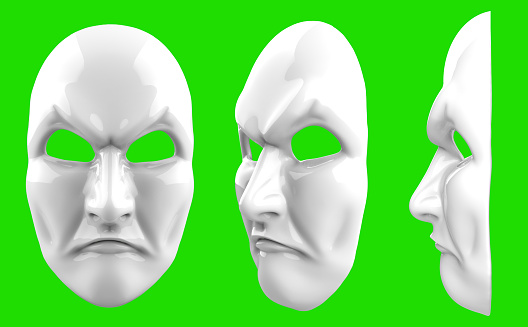 Isolated 3d render illustration of white angry theatrical mask on greenscreen backgorund.