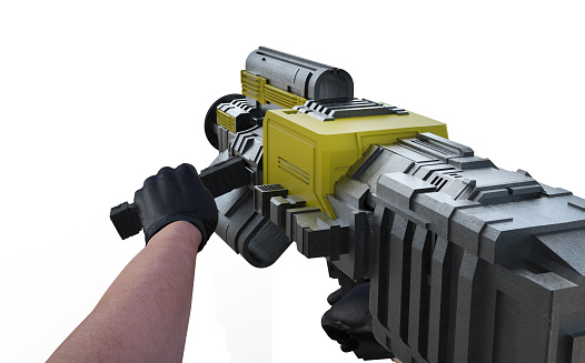 Isolated 3d render illustration of first person view shooter game arms holding futuristic gun or rifle on white background.