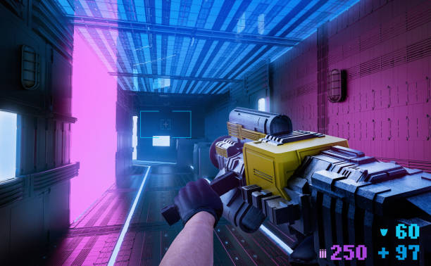 3d render illustration of first person view shooter game arms with gun or rifle. stock photo