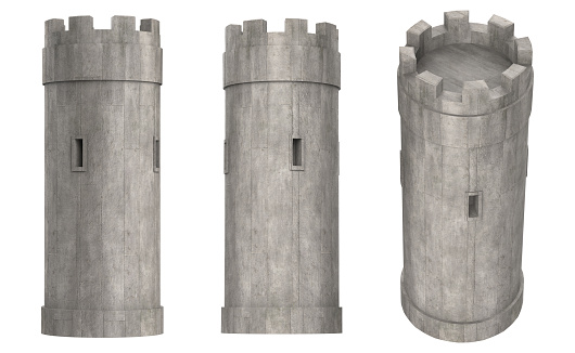 Isolated 3d render illustration of medieval castle or fortress tower in various angles on white background.