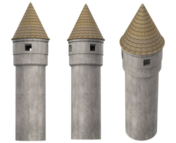 Isolated 3d render illustration of medieval castle or fortress tower in various angles on white background.