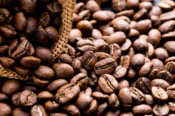 istock Roasted coffee beans in a cloth sack, on a dark background, close-up image, space for text 1445032274