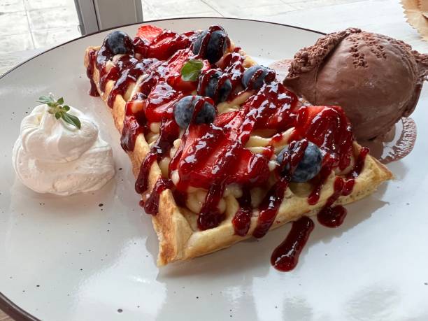 Strawberry waffles with ice cream