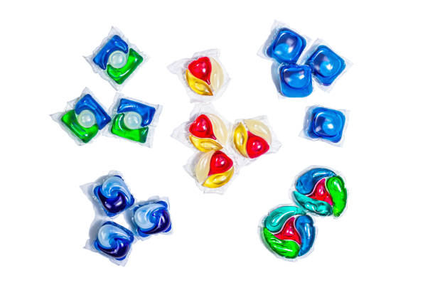 istock Assorted capsules with detergent for washing machine isolated on white background. Laundry pods 1445033496