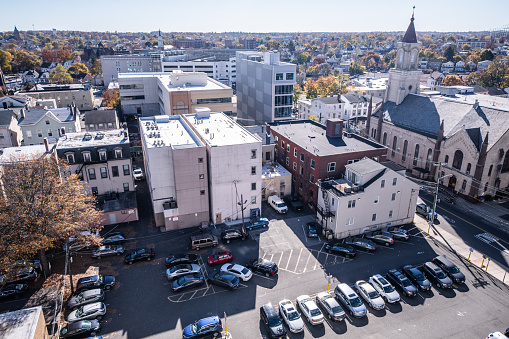 View of Downtown New Brunswick, New Jersey on a clear sunny fall day from above