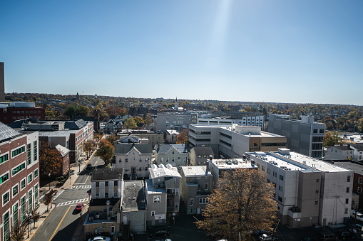 View of Downtown New Brunswick, New Jersey on a clear sunny fall day from above