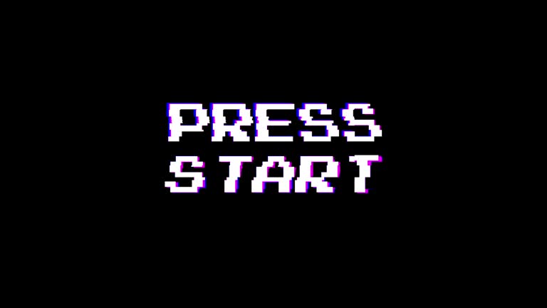 Press Start. Glitch Text Animation Effect on Old Interference Screen. 4K Video