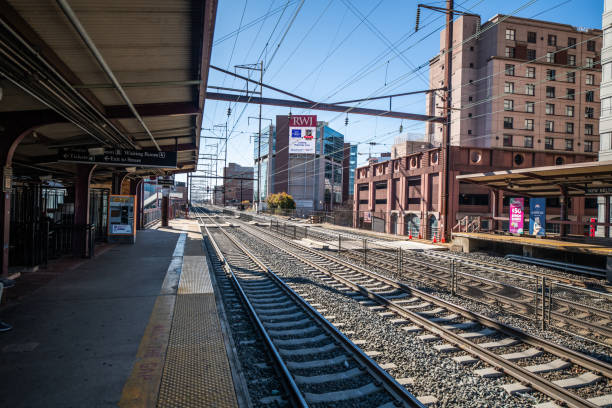 View of  the train tracks in Downtown New Brunswick, New Jersey on a clear sunny fall day from the train station