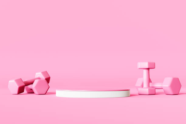 istock 3D illustration. Dumbbells and pink empty podium for product display on an isolated background. 1445035665