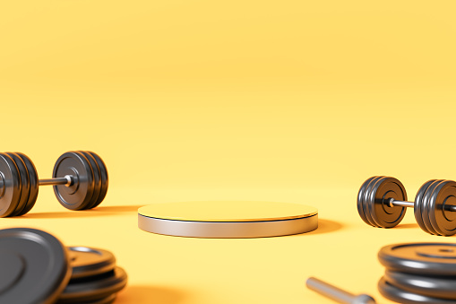 3d rendering of display platform for sport product surrounded with heavy gym dumbbells on yellow background