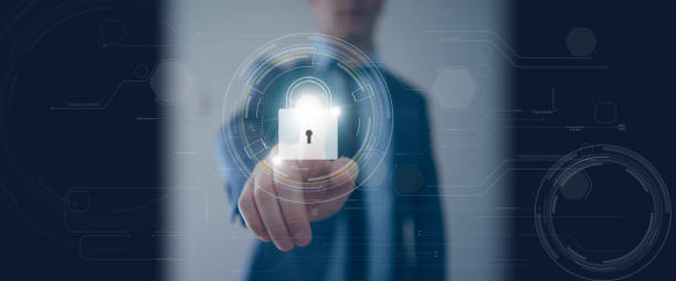 istock Man in business attire and touch authentication concept 1445036573