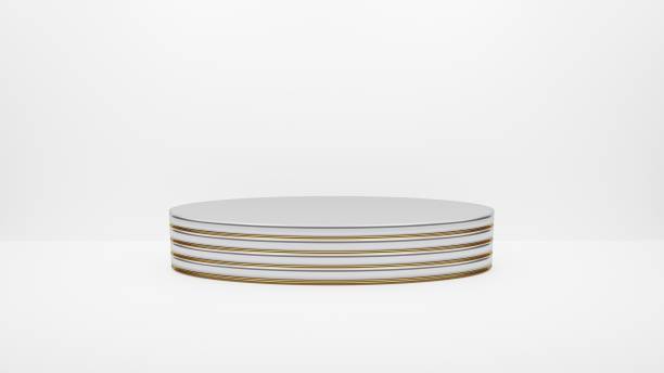 Empty oval silver podium with gold accents on a white background.