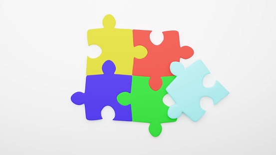 Autism symbol multicolored jigsaw puzzle isolated on white background. Symbol autistic spectrum disorder and neurodiversity awareness. High quality 3d illustration.