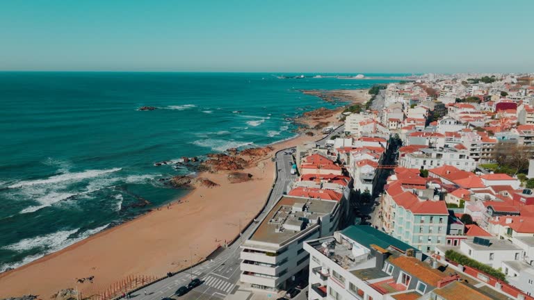 Drone view of beautiful Porto coast near the Douro river mouth in a sunny