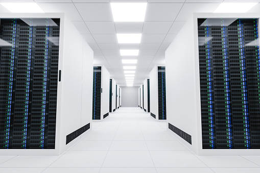Spacious and white server room of a futuristic data center 3d illustration