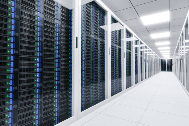 corridoio di un rendering 3d della sala server del data center - data center network server cyberspace foto e immagini stock