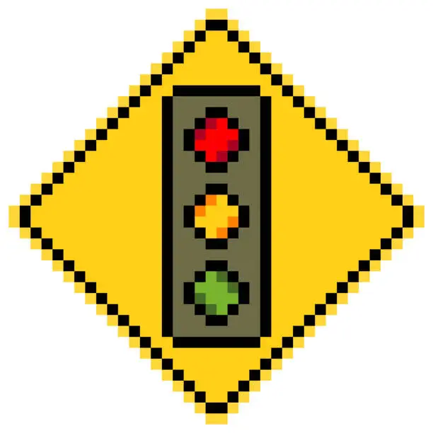 Vector illustration of Traffic light icon pixel art  with yellow triangle sign.