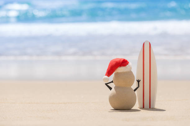 istock Sandy Christmas Snowman  with a surf board 1445039685
