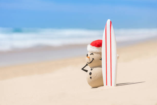 istock Sandy Christmas Snowman with a surf board 1445039698