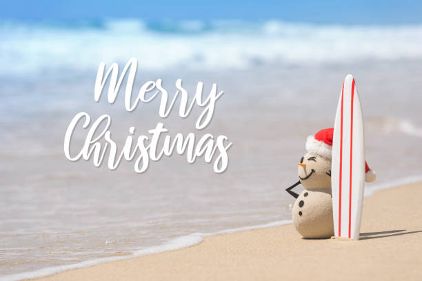 istock Sandy Christmas Snowman with a surf board 1445039706