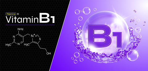 Vitamin B1 water drop. Purple drops with water splash. Thiamine complex with natural chemical formula. Beauty care design. Medical and scientific concept