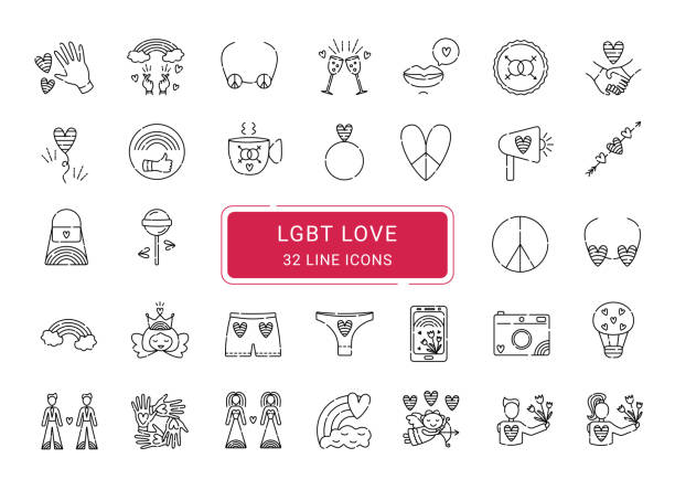 illustrazioni stock, clip art, cartoni animati e icone di tendenza di collezione di segni lgbt, icone vettoriali a 32 linee - homosexual human lips lesbian rainbow