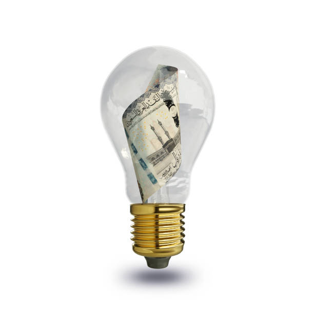 istock 3d rendering of Saudi riyal note inside transparent light bulb isolated on white background, creative thinking. Making money by solving problem. idea concept 1445044594