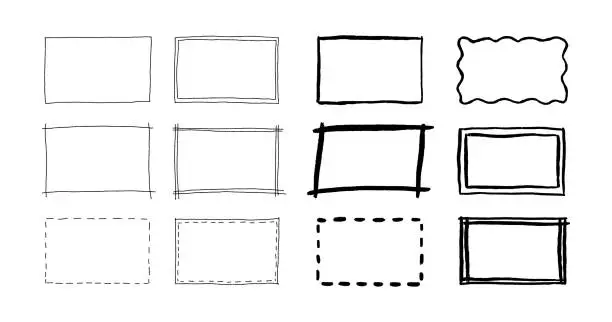 Vector illustration of Free hand drawn rectangle frames set. Doodle rectangular shape. Scribble pencil square text box. Doodle highlighting design elements. Line border. Vector illustration isolated on white background