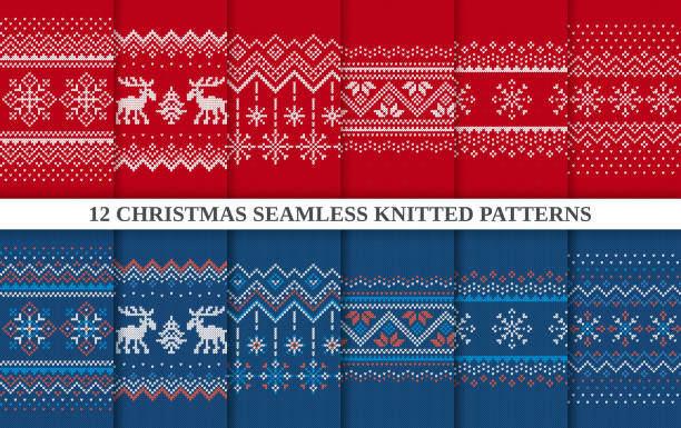 ilustrações de stock, clip art, desenhos animados e ícones de knitted seamless 12 patterns collection. christmas sweater textures red and blue. holiday fair isle traditional ornament - christmas pattern