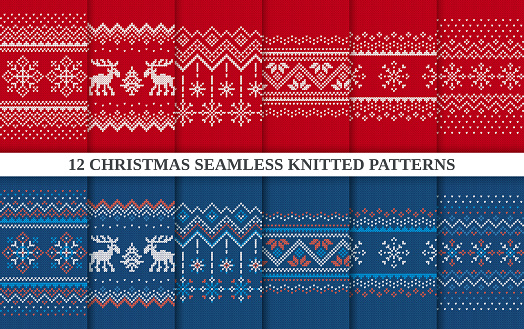 Knitted seamless 12 patterns collection. Christmas sweater textures red and blue. Holiday fair isle traditional ornament. Set Xmas winter background. Knit prints. Wool pullover. Vector illustration