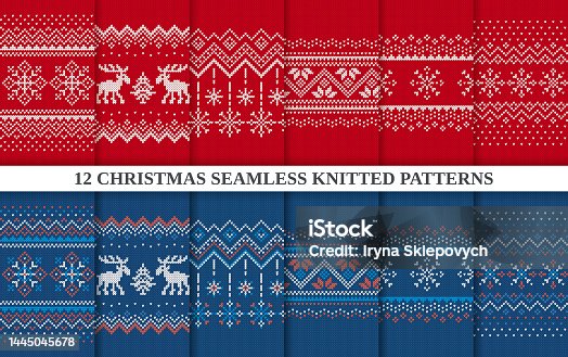 istock Knitted seamless 12 patterns collection. Christmas sweater textures red and blue. Holiday fair isle traditional ornament 1445045678