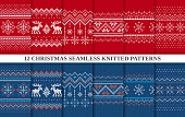 Knitted seamless 12 patterns collection. Christmas sweater textures red and blue. Holiday fair isle traditional ornament