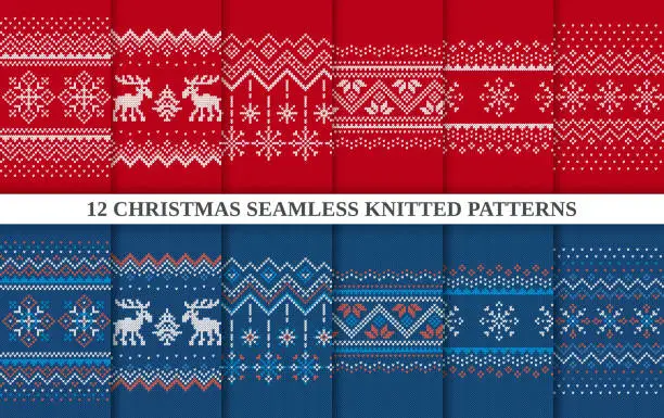 Vector illustration of Knitted seamless 12 patterns collection. Christmas sweater textures red and blue. Holiday fair isle traditional ornament