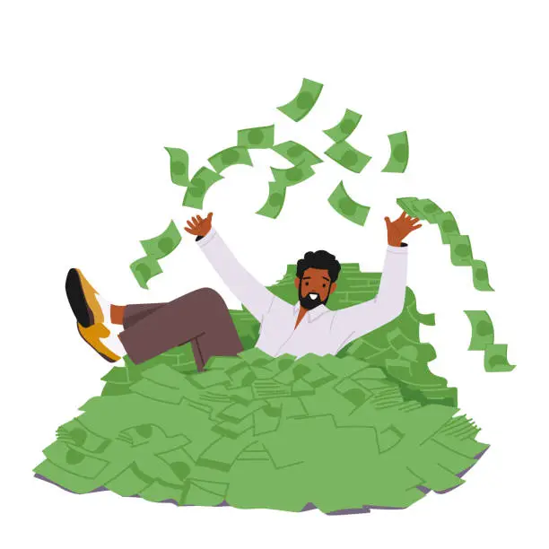 Vector illustration of Rich Male Character Swimming in Huge Pile of Dollar Bills. Successful Businessman, Investor or Lottery Winner with Money