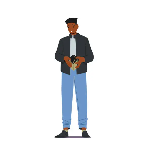 Vector illustration of No Money, Poverty, Poorness, Misery Concept. Black Male Character Showing Empty Wallet, Man Looking Frustrated