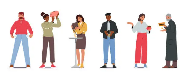 Vector illustration of Upset People With No Money, Bankruptcy Concept. Poor Men And Women With Empty Pockets. Frustrated Characters