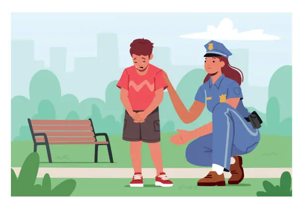Vector illustration of Child Get Lost In Public Place, Scared Baby Crying In City Park. Police Officer Female Character Help To Kid Find Mother