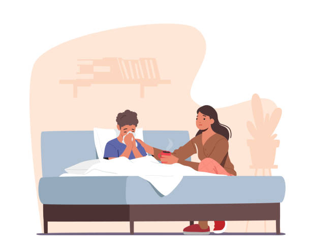 Mother Bringing Hot Tea To Sick Son With Cough And Fever. Little Boy Sitting In Bed During Illness. Mom Care Of Child Mother Bringing Hot Tea to Sick Son with Cough and Fever. Little Boy Sitting in Bed during Illness. Mom Character Care of Ill Child at Home. Cartoon People Vector Illustration cold and flu family stock illustrations