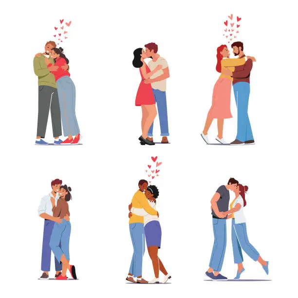Vector illustration of Set Happy Men and Women Kissing and Hugging. Loving Couples Romantic Relations Concept. Male Female Lovers