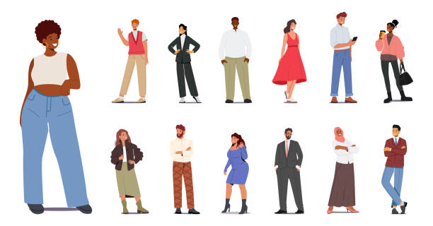 Set Stylish Multinational People. Male and Female Characters, Caucasian, Arab, African or Asian Men and Women Set Stylish Multinational People. Male and Female Characters, Caucasian, Arab, African or Asian Men and Women Wear Trendy Clothes. Multiethnic Persons in Modern Apparel. Cartoon Vector Illustration mens and womens fashion stock illustrations