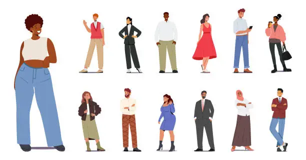 Vector illustration of Set Stylish Multinational People. Male and Female Characters, Caucasian, Arab, African or Asian Men and Women