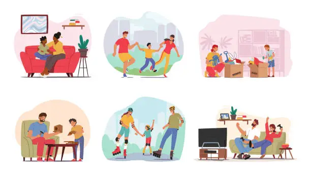 Vector illustration of Set Parents Spend Time with Children. Mothers and Fathers Family Characters and Kids Walking, Skating, Playing