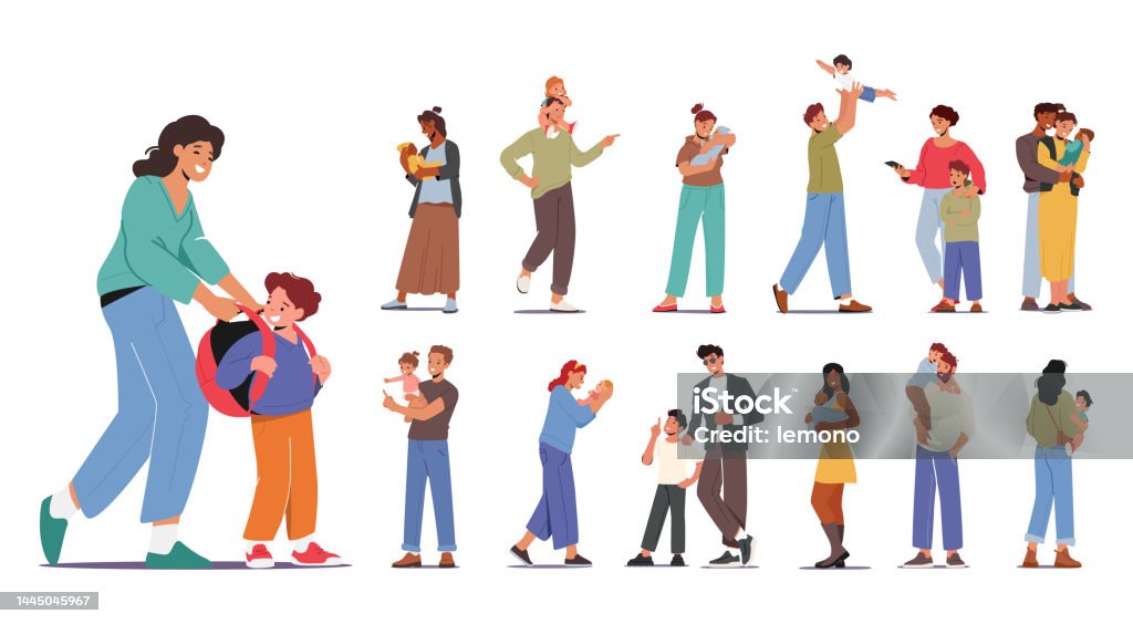 Définissez les parents et les enfants. Les personnages de la famille des mères et des pères passent du temps avec les enfants. Jouer, marcher et prendre soin - clipart vectoriel de Enfant libre de droits Définissez les parents et les enfants. Les personnages de la famille des mères et des pères passent du temps avec les enfants. Jouer, marcher et prendre soin - clipart vectoriel de Enfant libre de droits