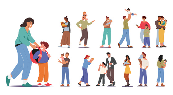 Set Parents and Children. Mothers and Fathers Family Characters Spend Time with Kids. Playing, Walking, Care and Communicate. Mom with Student Boy, Dad with Baby. Cartoon People Vector Illustration