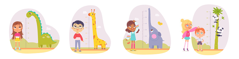Children measure height with funny kids meter on wall vector illustration. Cartoon growing progress of cute boys and girls and tall animals of Africa, childish pediatric inch stadiometers.