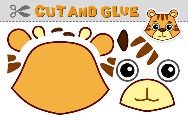 Vector illustration of Cut out applique and glue a tiger head. Vector illustration. Paper game for children's creativity, activity and learning